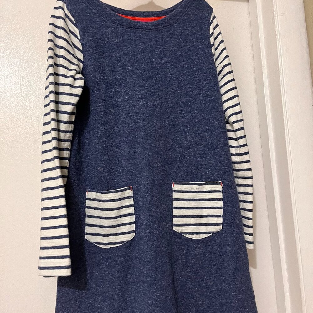 Mini Boden Blue Dress with Blue & White long Sleeves & Pockets Size 7-8
